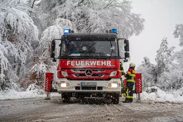 Feuerwehrleute beseitigen Bäume und Äste, die auf Straßen und Wege stürzten.