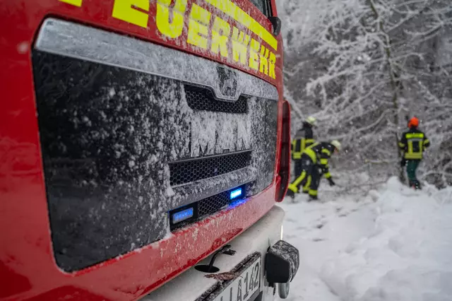 Feuerwehrleute beseitigen Bäume und Äste, die auf Straßen und Wege stürzten.